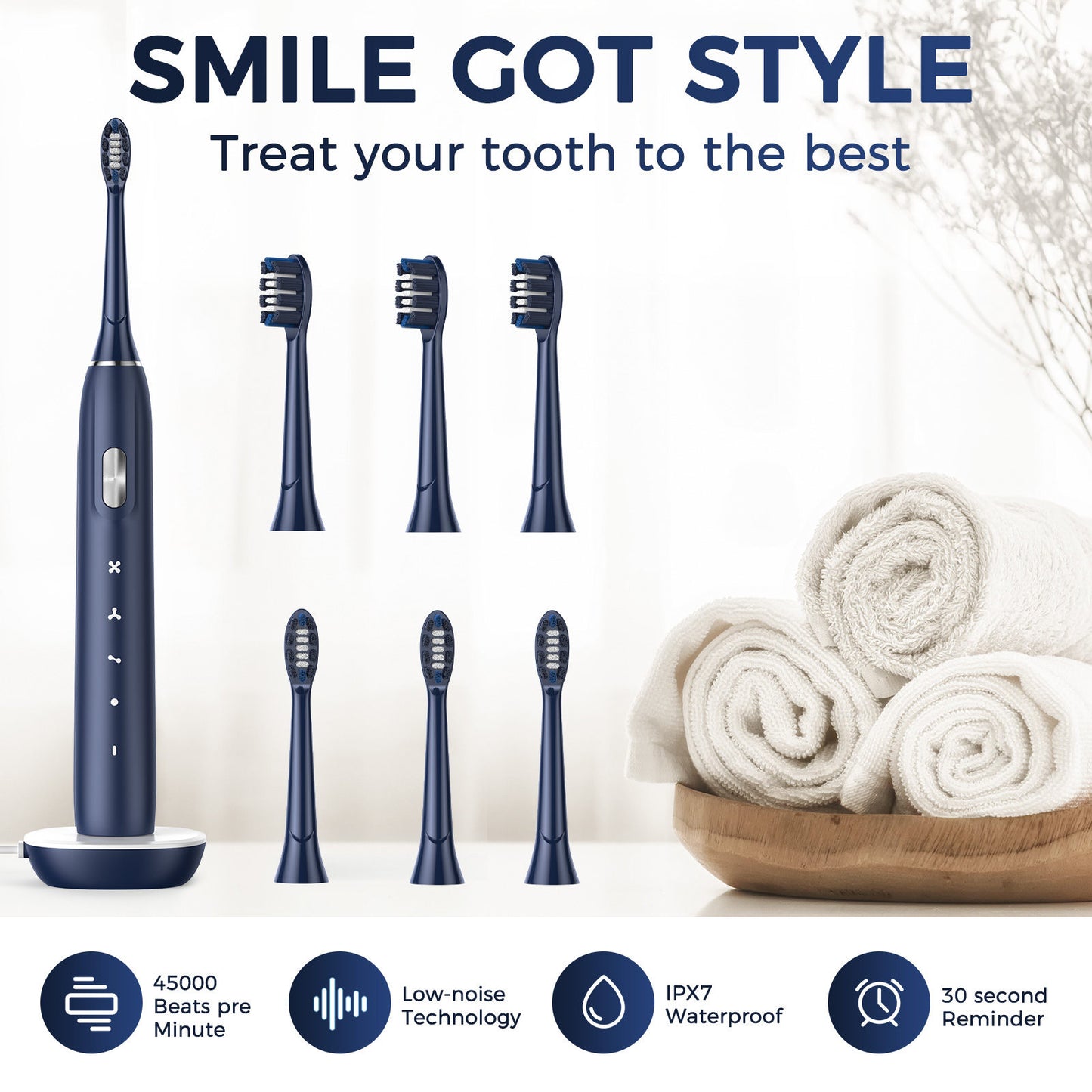 Electric Toothbrush for Adults - Rechargeable Electric Toothbrushes with Brush Heads &amp; Holder, Travel Case, Power Electric Toothbrush with Holder，3 Hours Charge for 120 Days